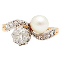 Antique Belle Époque French Diamond Pearl 18k Yellow Gold Toi Et Moi Ring