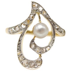 Belle Époque French Diamond Pearl Gold Platinum Heart Ring