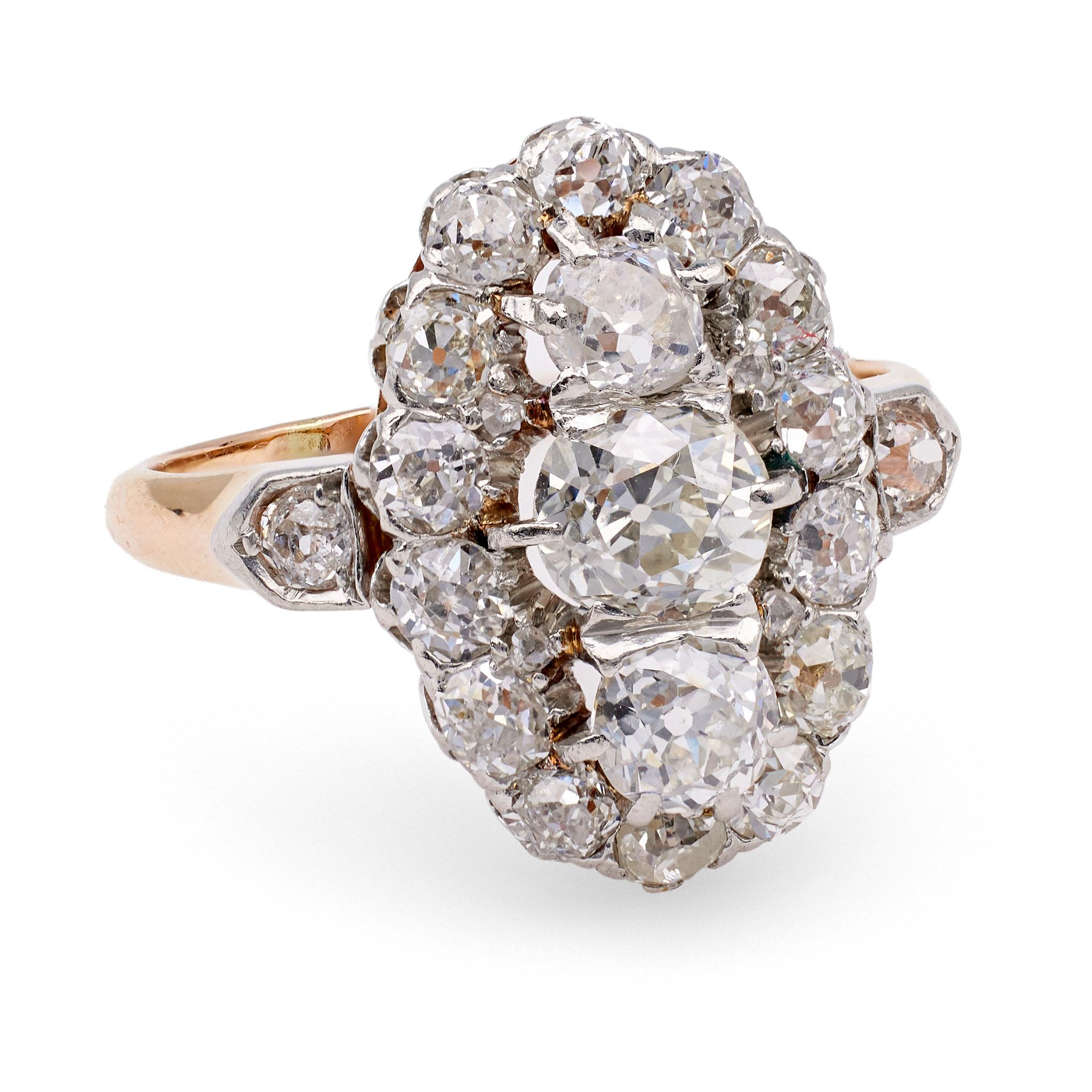 Belle Époque French Diamond Platinum 18k Rose Gold Ring In Good Condition For Sale In Beverly Hills, CA