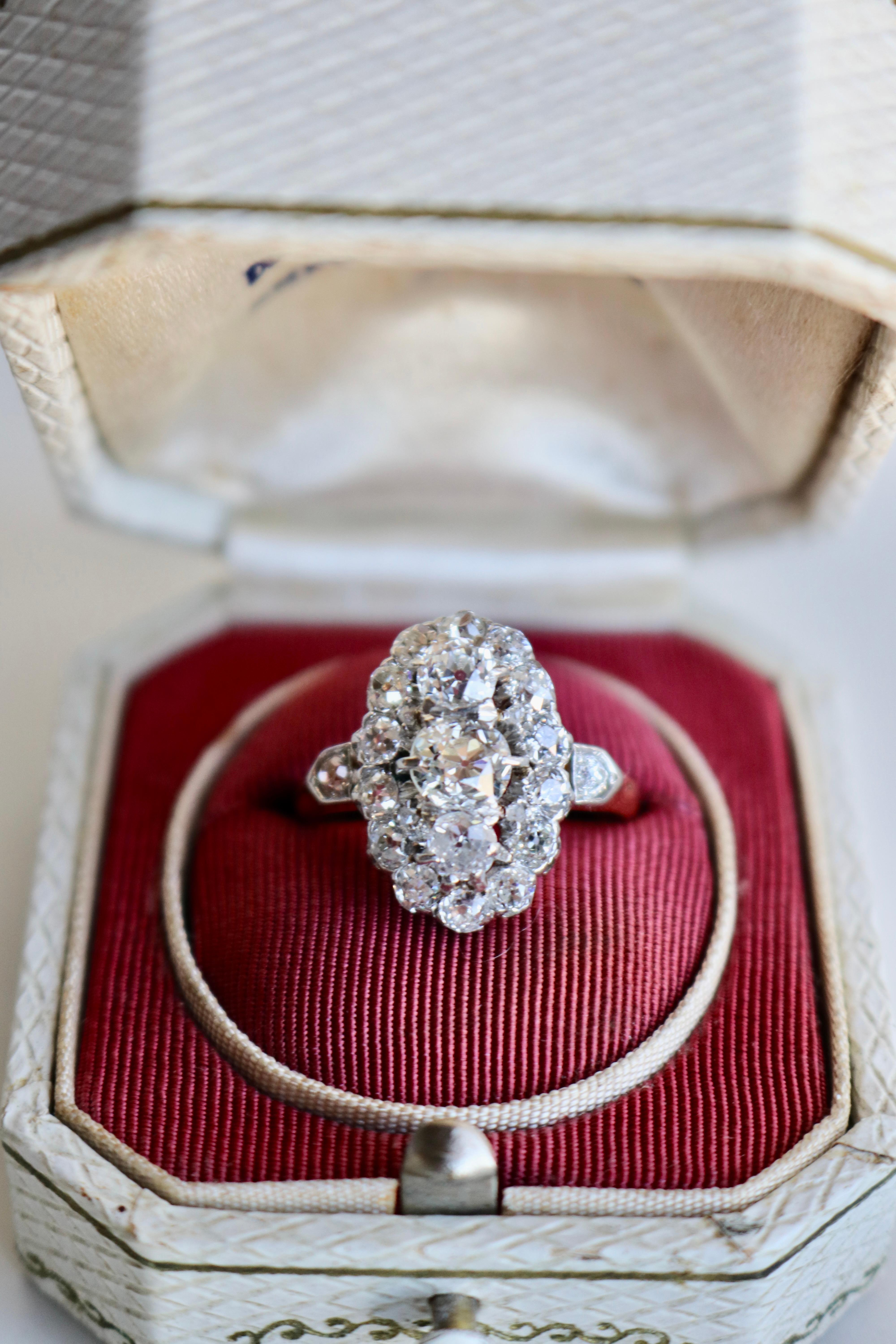 Women's or Men's Belle Époque French Diamond Platinum 18k Rose Gold Ring For Sale
