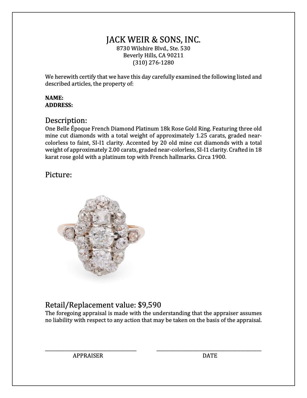 Belle Époque French Diamond Platinum 18k Rose Gold Ring For Sale 1