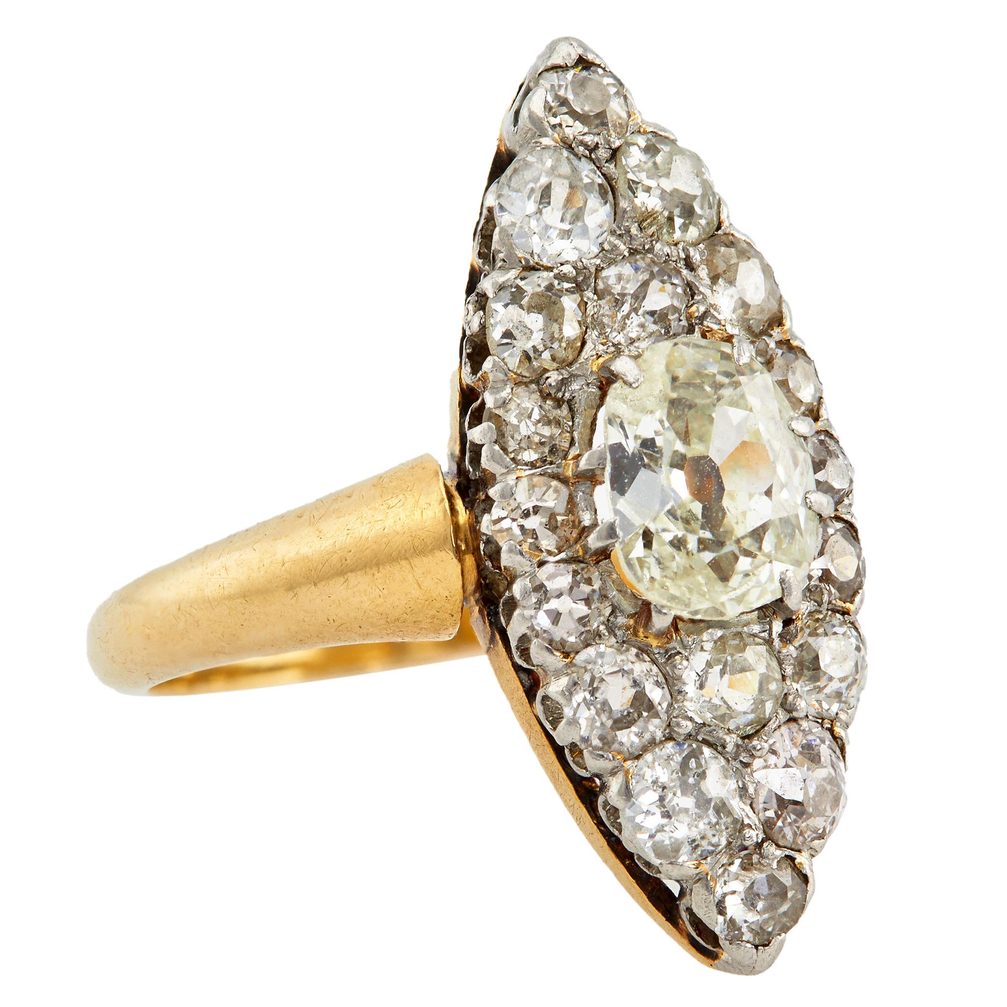 Belle Époque French Diamond Platinum 18k Yellow Gold Navette Ring In Good Condition In Beverly Hills, CA