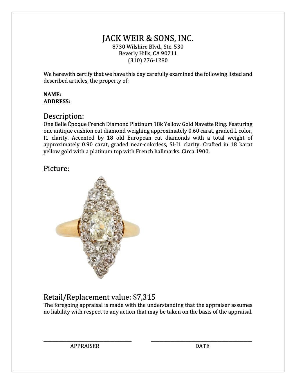 Women's or Men's Belle Époque French Diamond Platinum 18k Yellow Gold Navette Ring