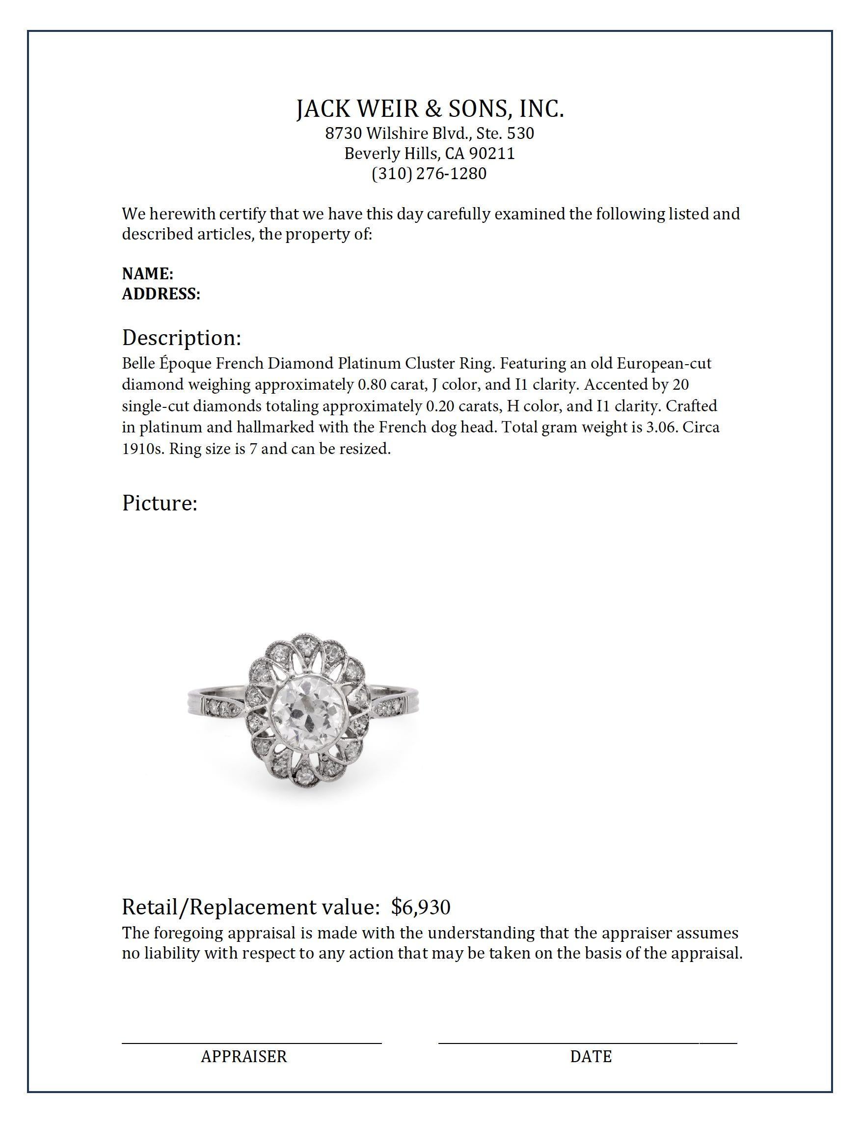 Women's or Men's Belle Époque French diamond platinum cluster ring