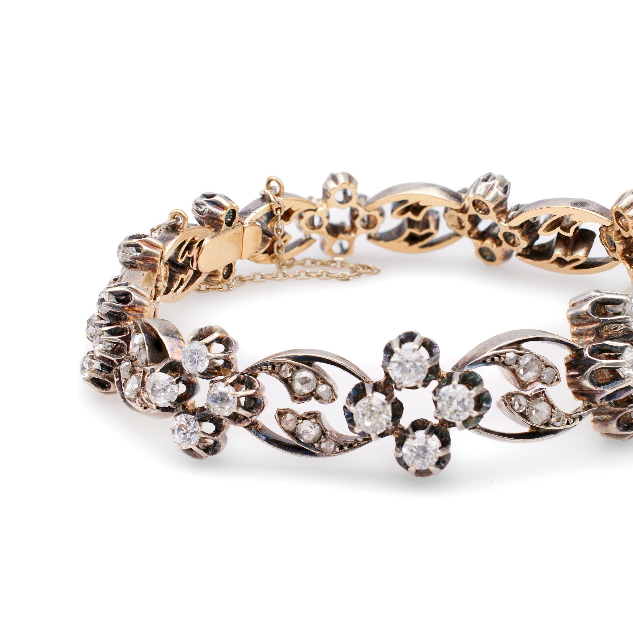 Belle Époque French Diamond Silver 18k Rose Gold Bracelet In Good Condition For Sale In Beverly Hills, CA