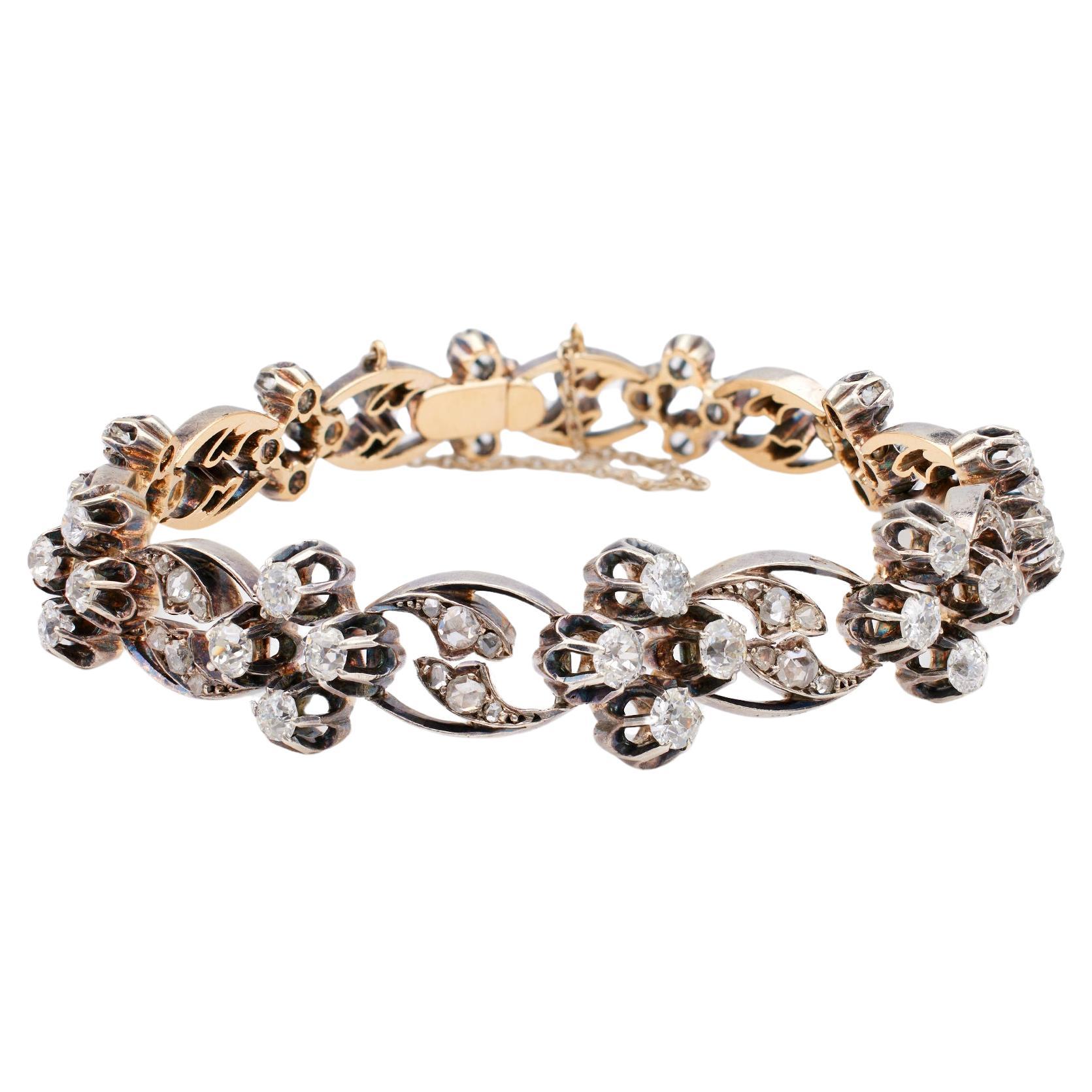 Belle Époque French Diamond Silver 18k Rose Gold Bracelet For Sale