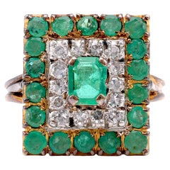 Belle Époque French Emerald Diamond 14K Yellow Gold Halo Ring