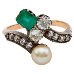 Belle Époque French Emerald Pearl Diamond 18k Rose Gold Silver Toi et Moi Ring