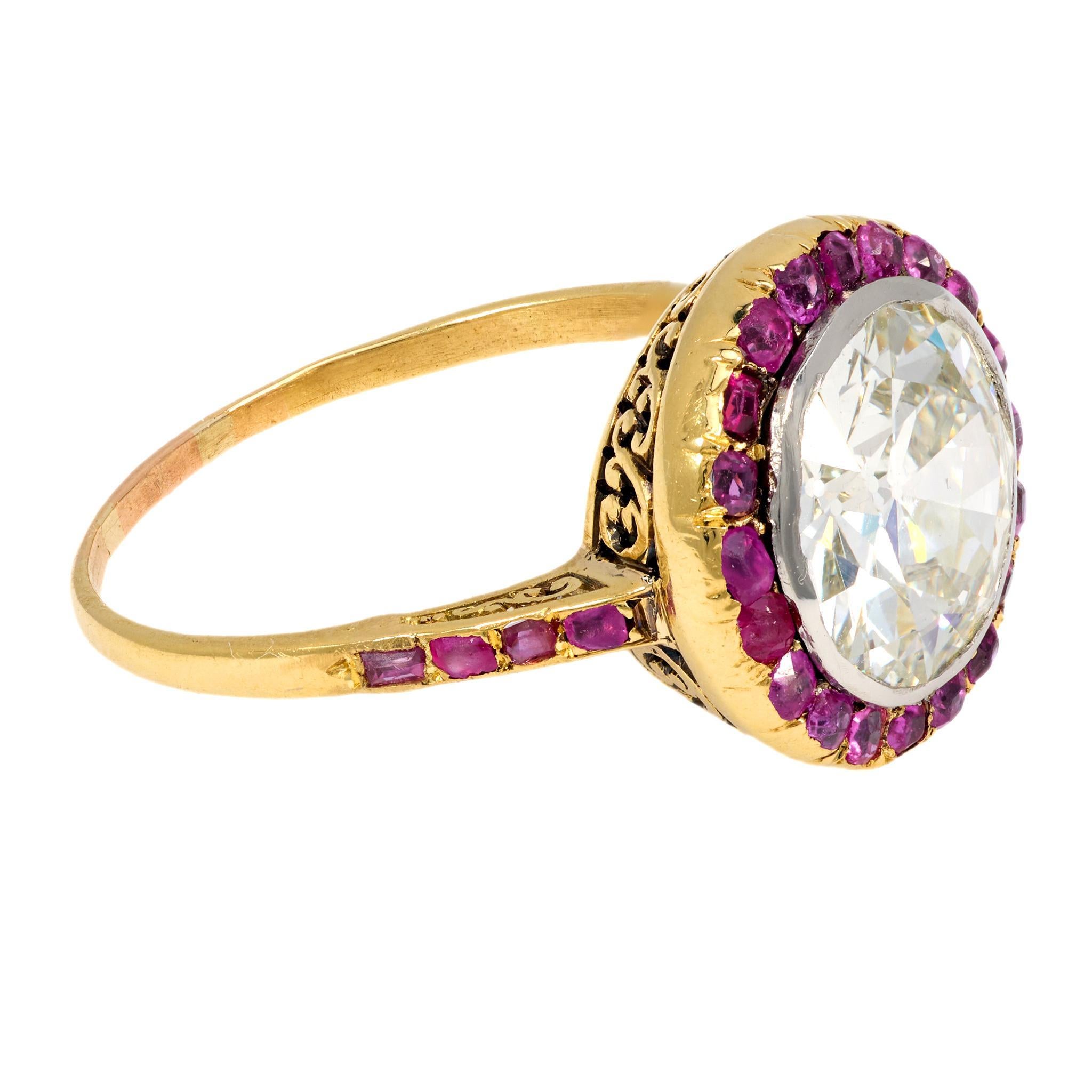 Belle Époque French GIA 2.92 carat diamond ruby 18k yellow gold ring In Good Condition For Sale In Beverly Hills, CA