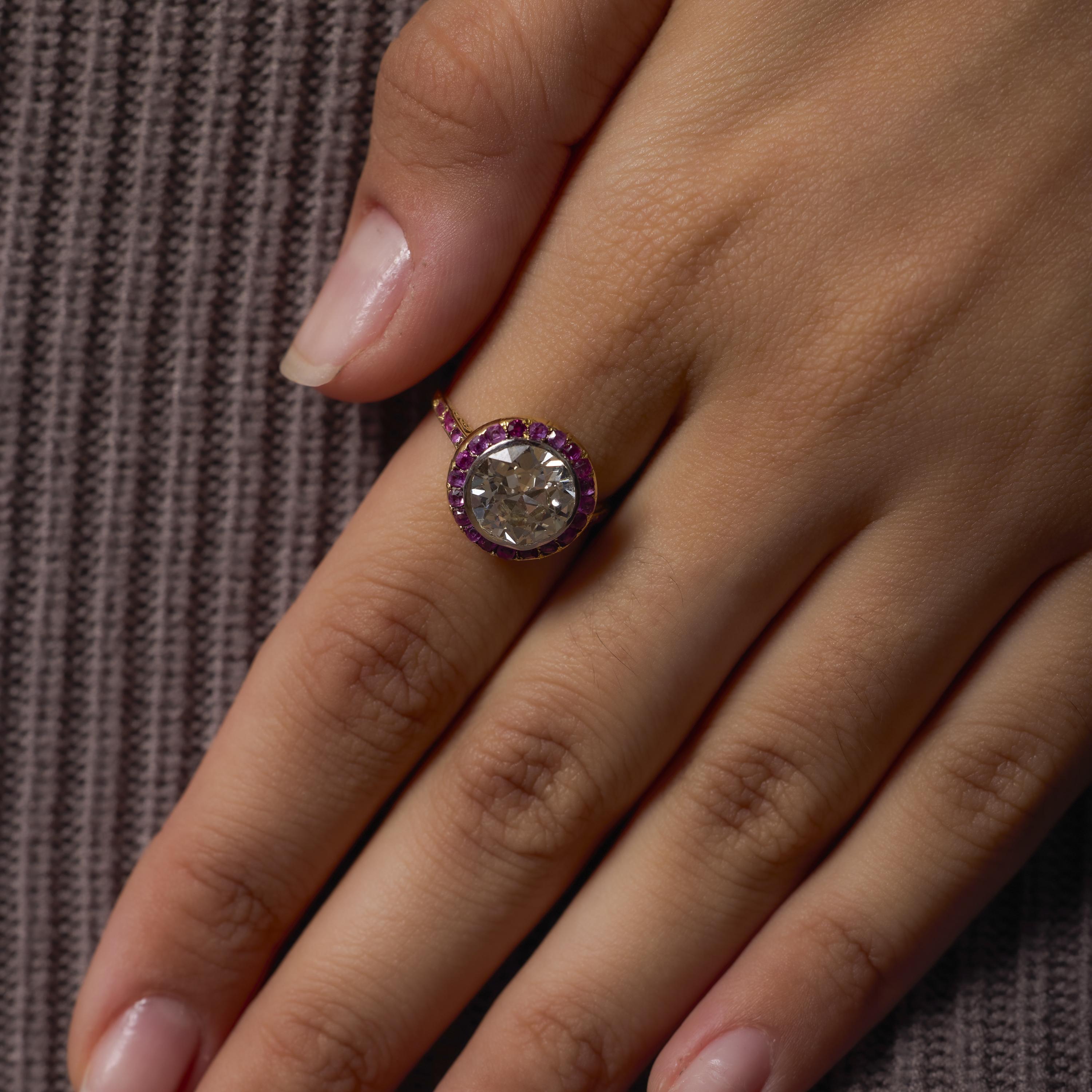 Belle Époque French GIA 2.92 carat diamond ruby 18k yellow gold ring For Sale 1