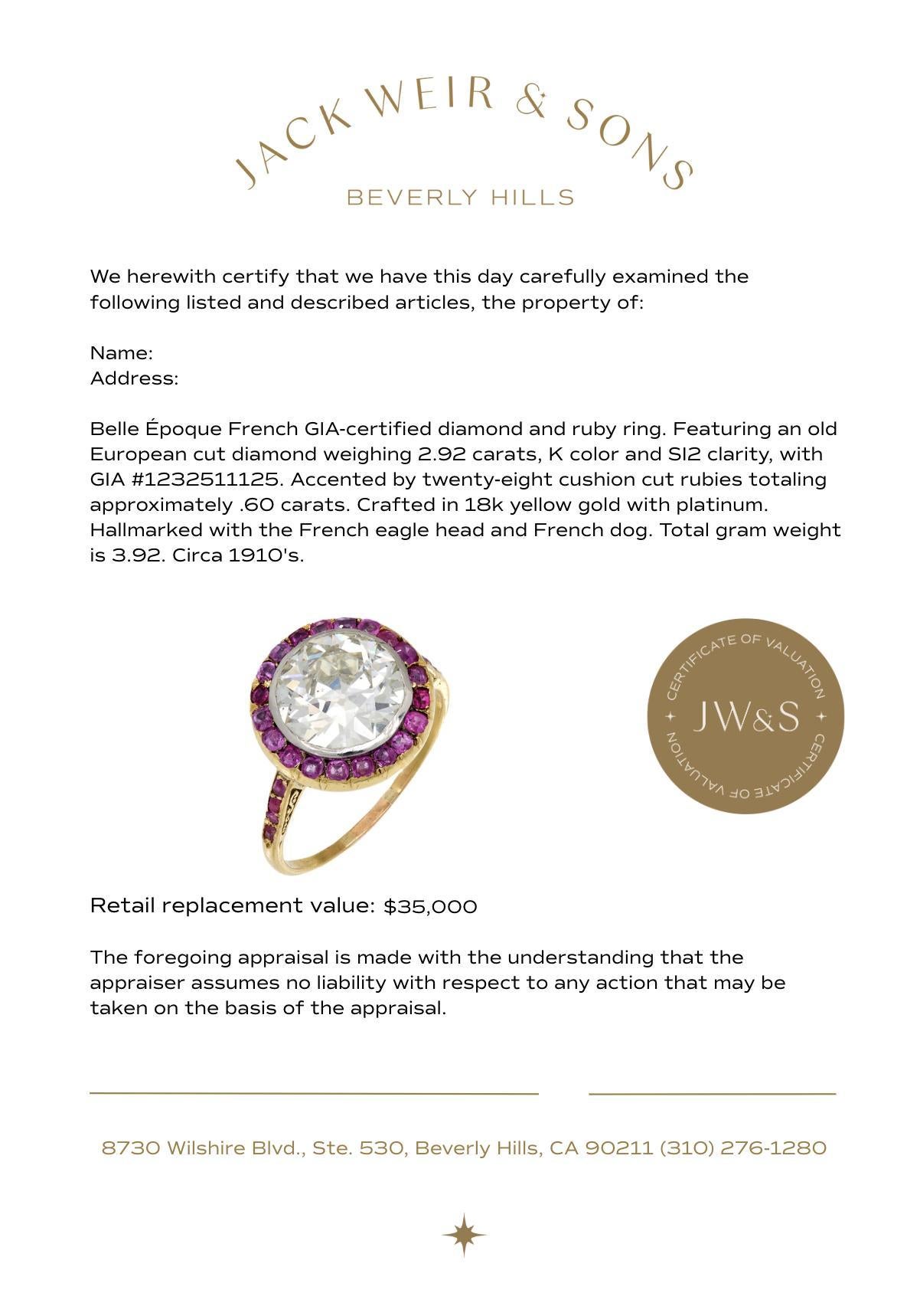 Belle Époque French GIA 2.92 carat diamond ruby 18k yellow gold ring For Sale 3