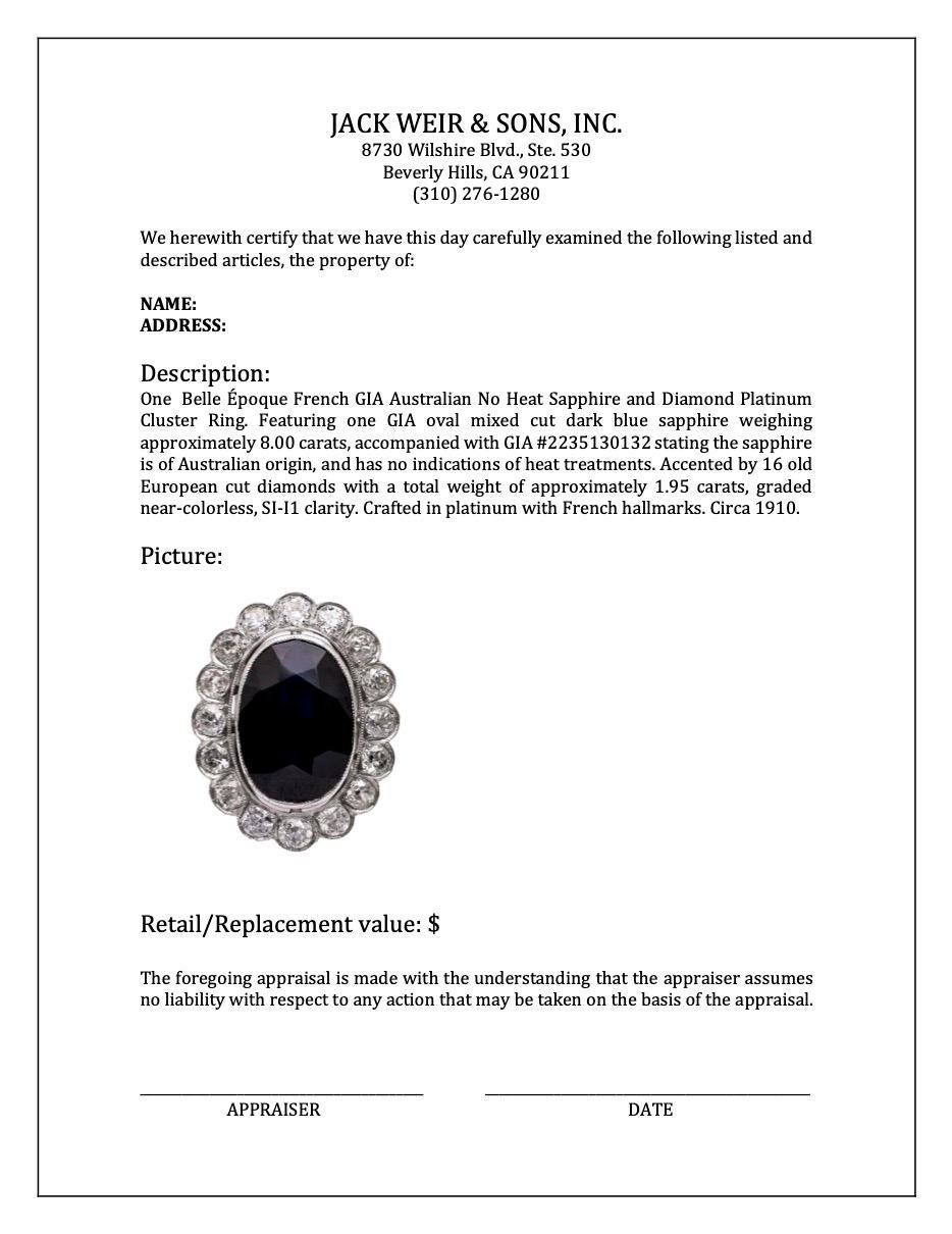 Belle Époque Français GIA Australian No Heat Saphir et Diamant Platinum Cluster en vente 2