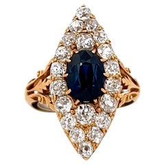 Belle Époque French GIA Cambodian No Heat Sapphire Diamond 18k Gold Navette Ring