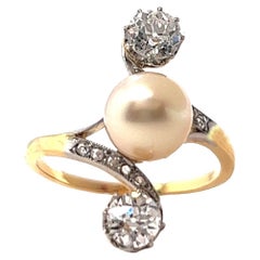 Belle Époque French GIA Pearl Old European Cut Diamond 18K Gold Bypass Ring