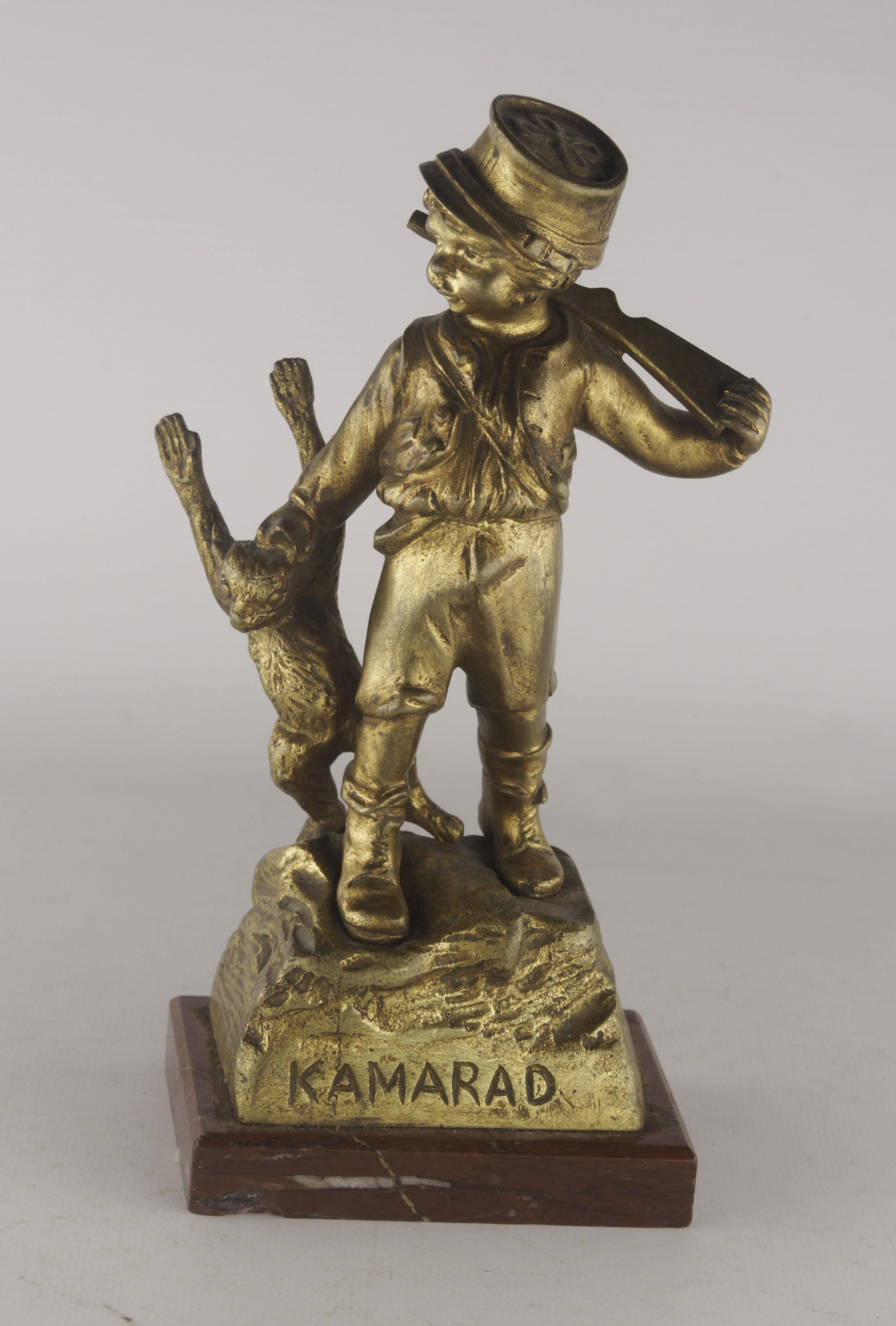 Early 20th century Belle Époque french gilt bronze sculpture of boy playing the hunter Kamarad by Georges Flamand

By: Georges Flamand
Material: bronze, copper, metal
Technique: cast, patinated, gilt, molded, metalwork
Dimensions: 3 in x 4 in x 8