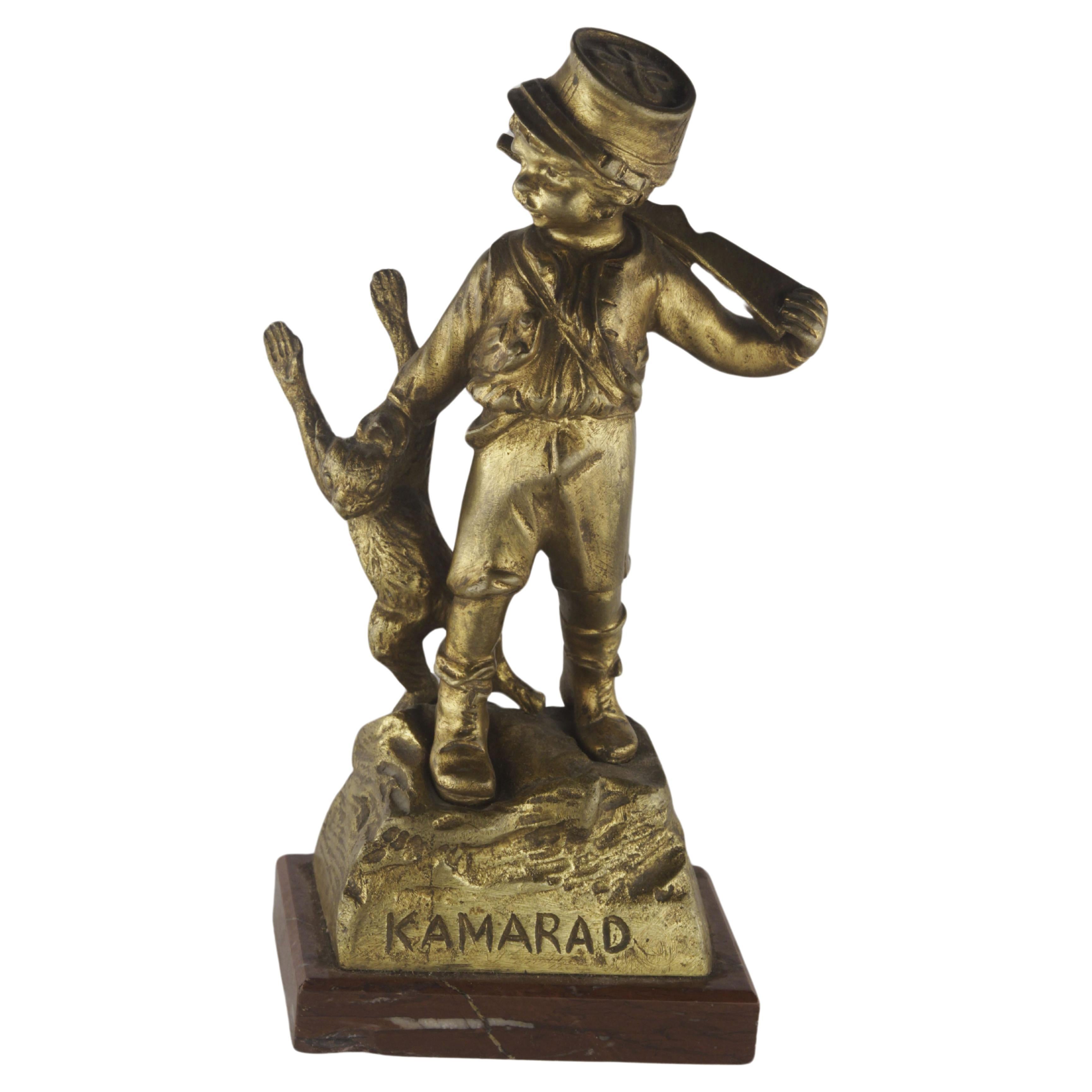 Belle Époque French Gilt Bronze Sculpture of Boy Playing Kamarad by G. Flamand  For Sale