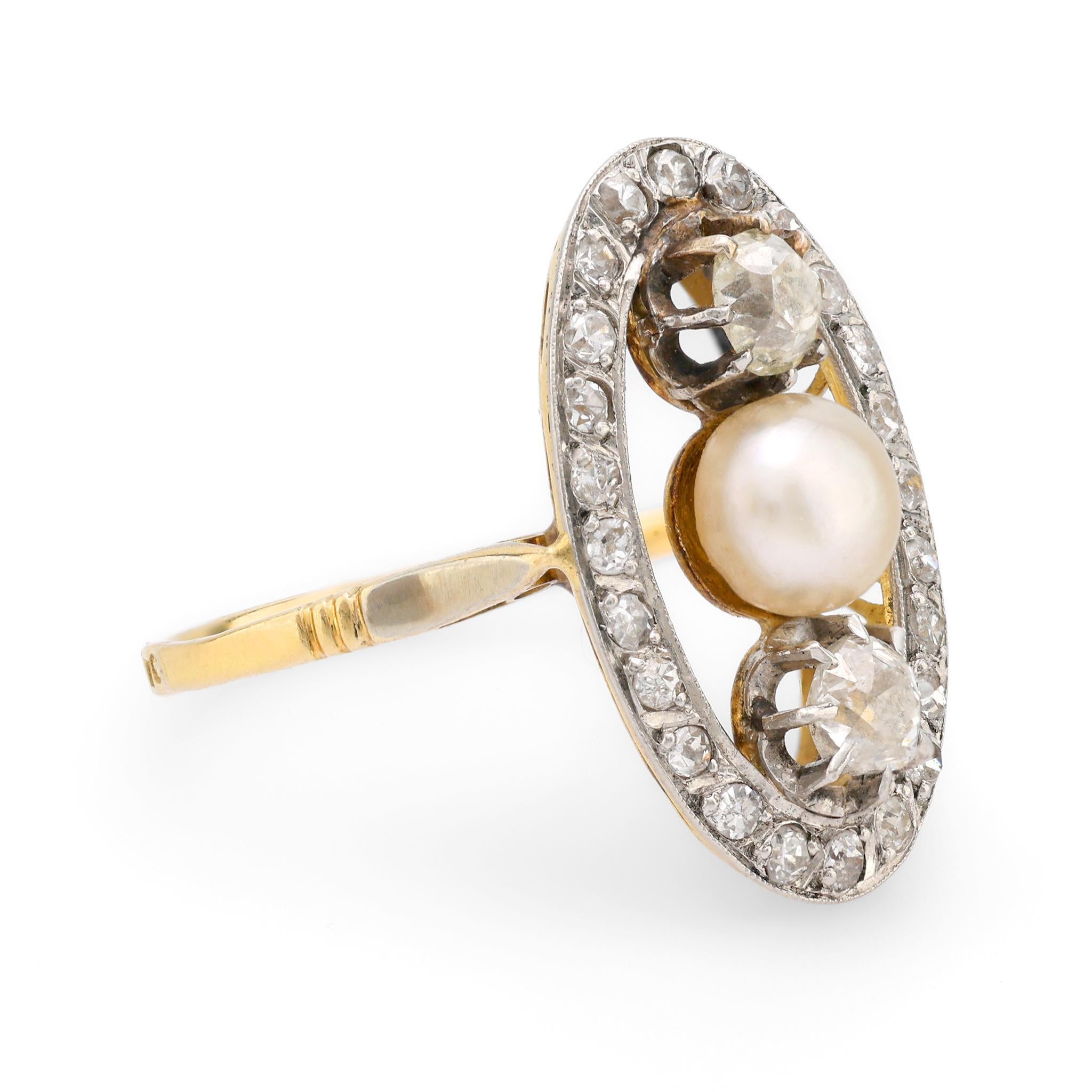 Old Mine Cut Belle Époque French natural pearl diamond 18k yellow gold ring