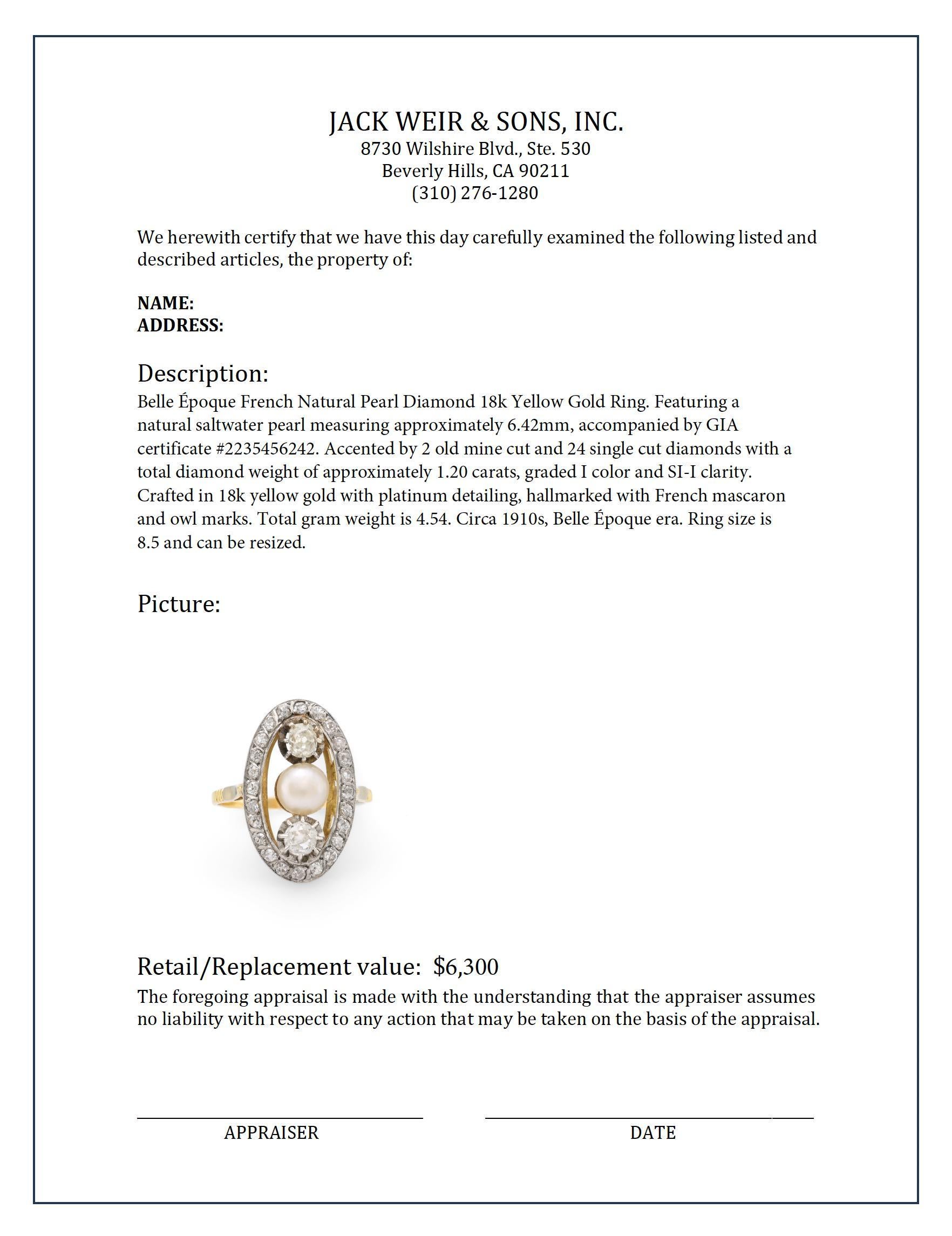 Women's or Men's Belle Époque French natural pearl diamond 18k yellow gold ring