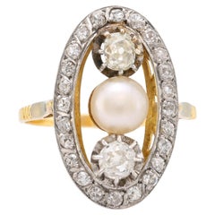 Belle Époque French natural pearl diamond 18k yellow gold ring