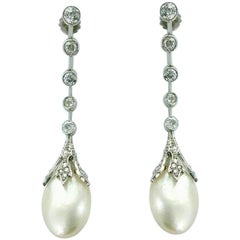 Belle Époque French Natural Pearl Diamond and Platinum Earrings Pendant