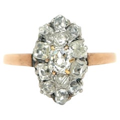 Belle Époque French Old Mine Cut 1.50 Carats Diamonds 18K Rose Gold Navette Ring