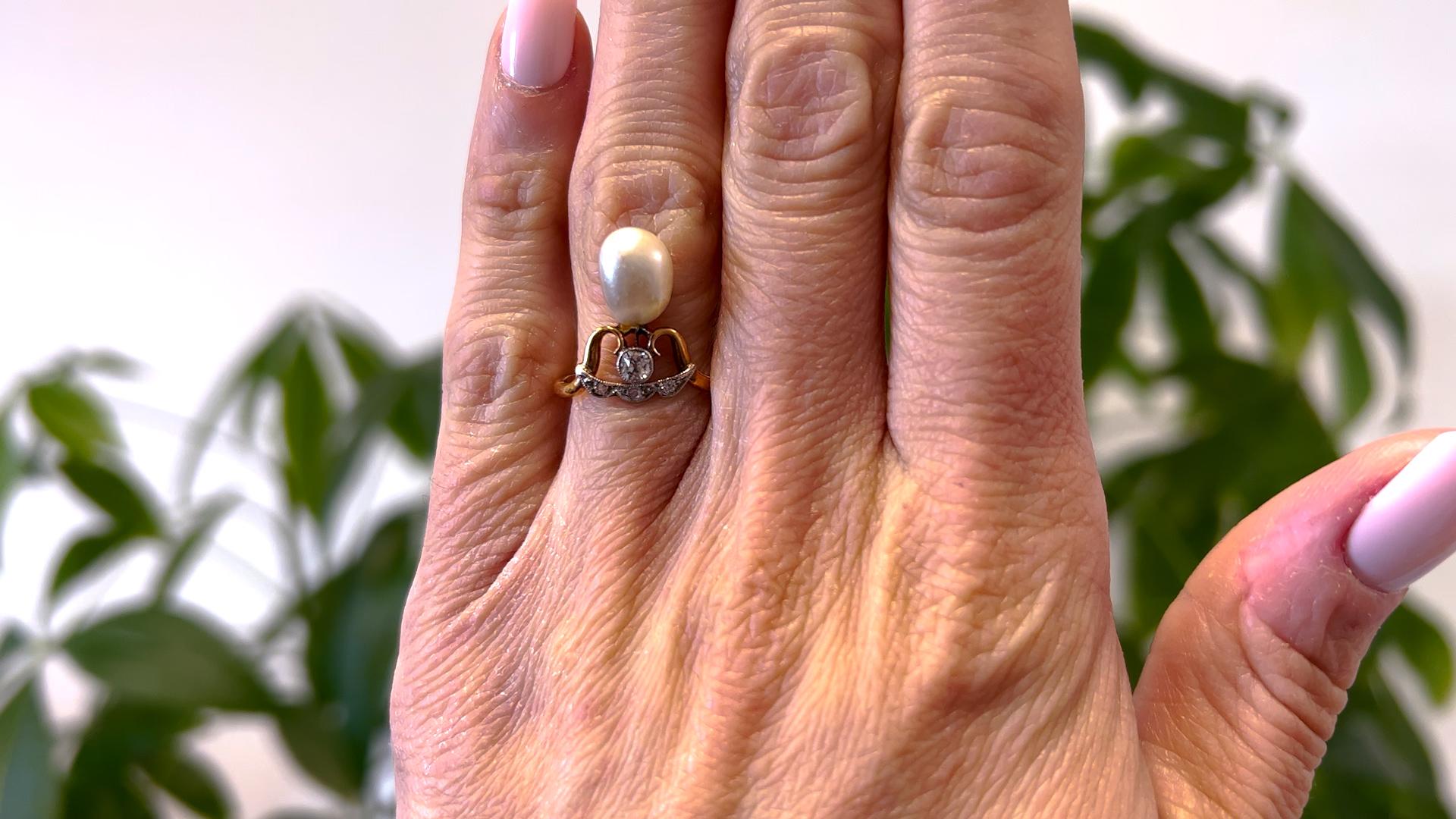 Belle Époque Französisch Perle und Diamant 18k Gelbgold Platin Tiara Ring (Alteuropäischer Brillantschliff) im Angebot