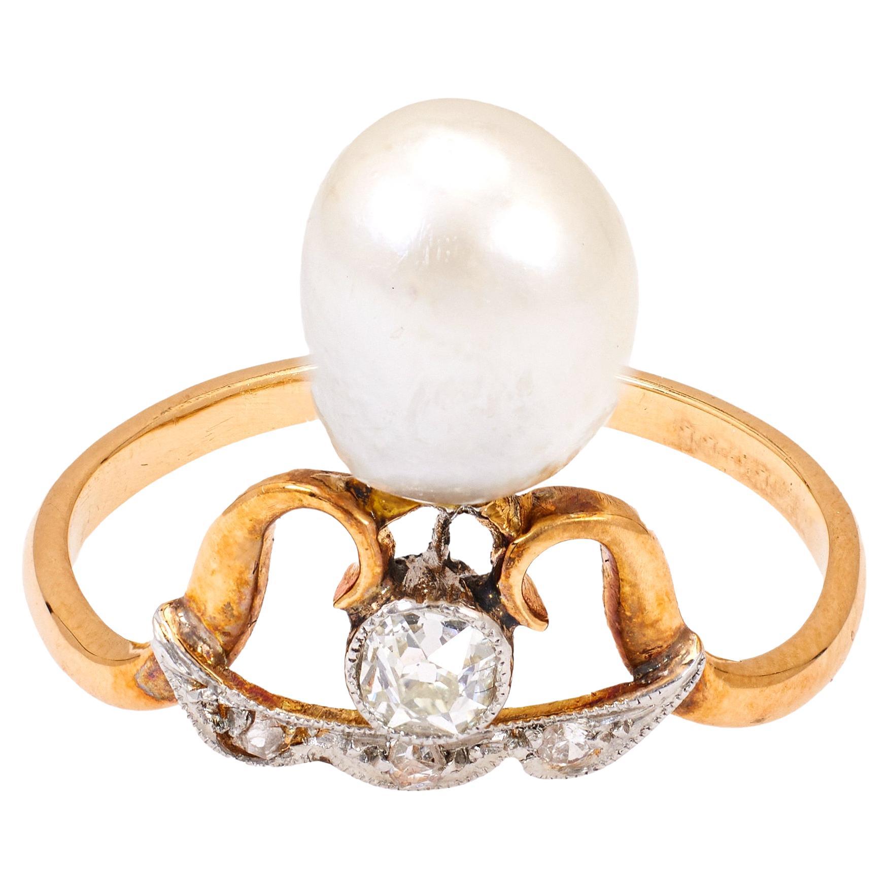 Belle Époque French Pearl and Diamond 18k Yellow Gold Platinum Tiara Ring For Sale