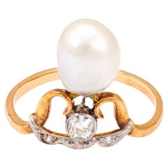 Antique Belle Époque French Pearl and Diamond 18k Yellow Gold Platinum Tiara Ring