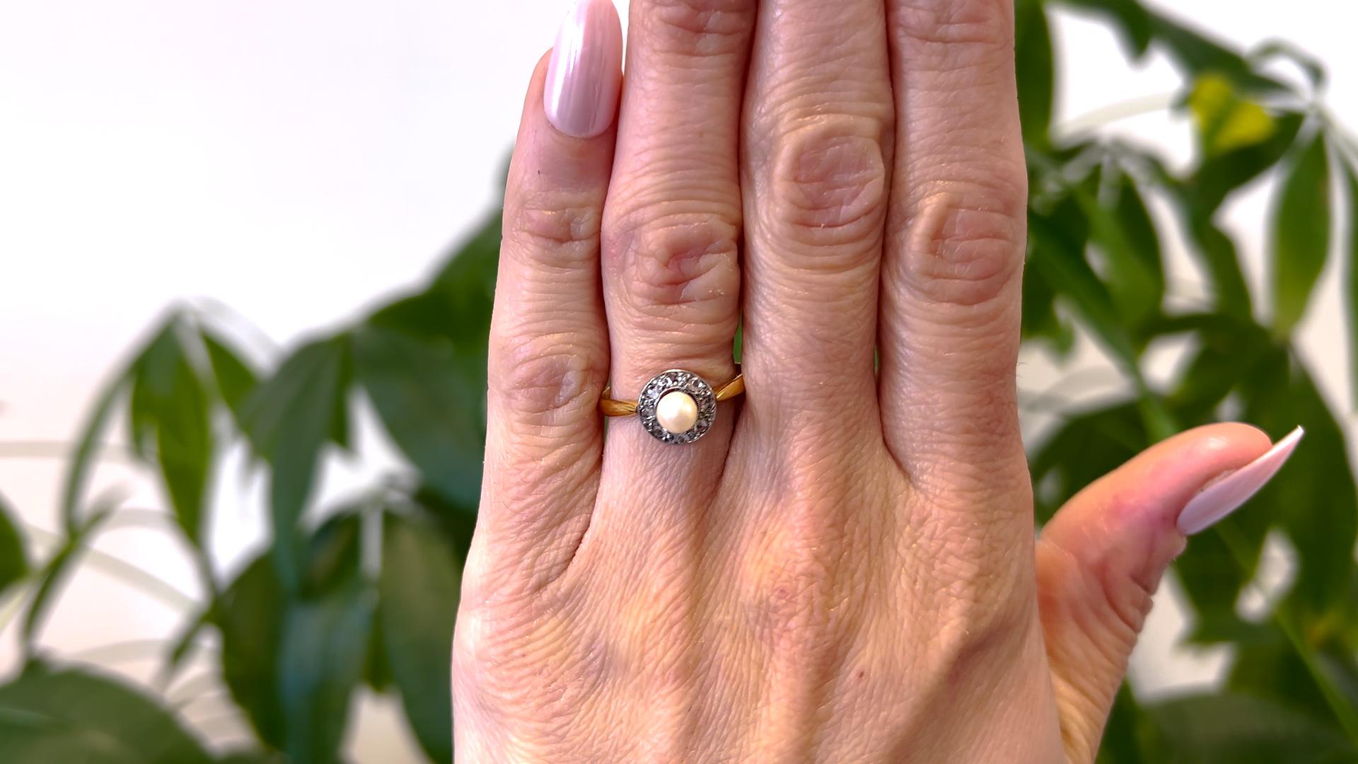 Belle Époque Französisch Perle Diamant 18k Gelbgold Platin Ring (Rosenschliff) im Angebot