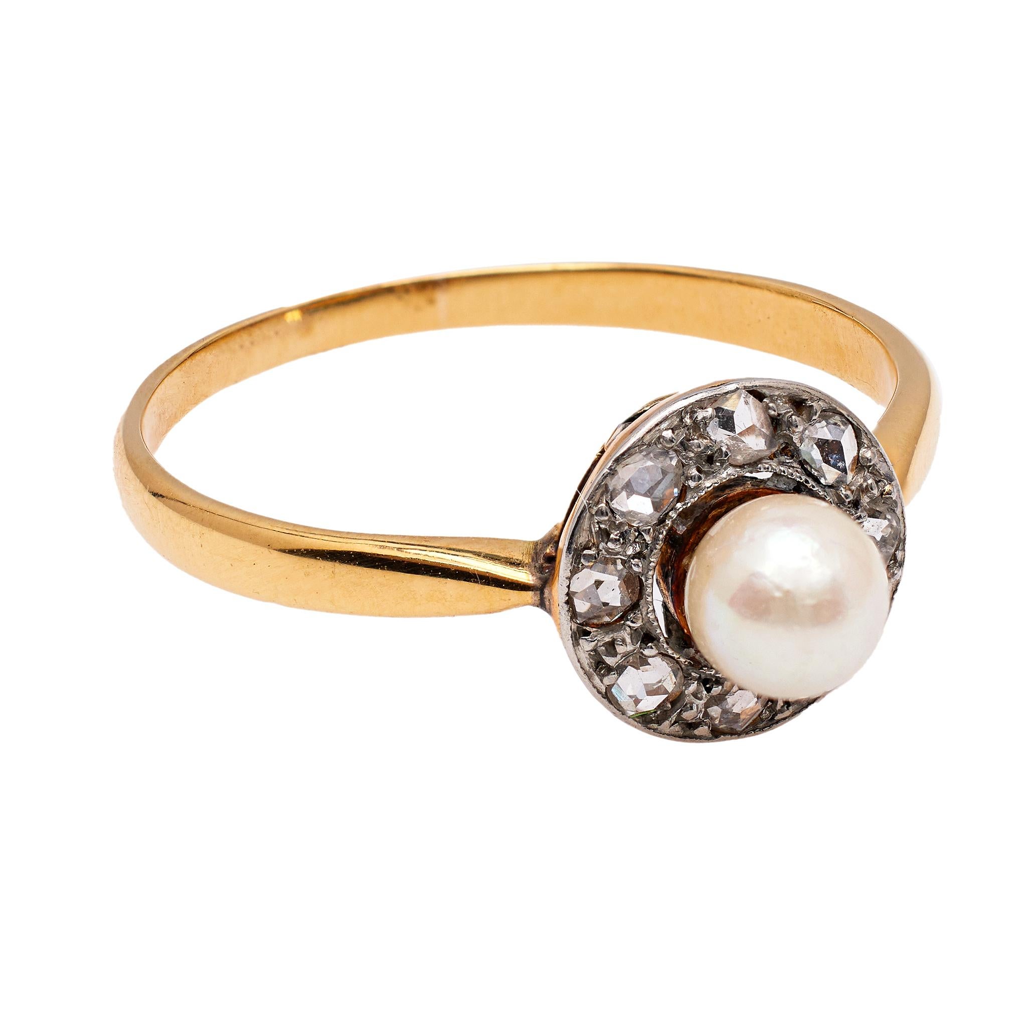 Women's or Men's Belle Époque French Pearl Diamond 18k Yellow Gold Platinum Ring For Sale