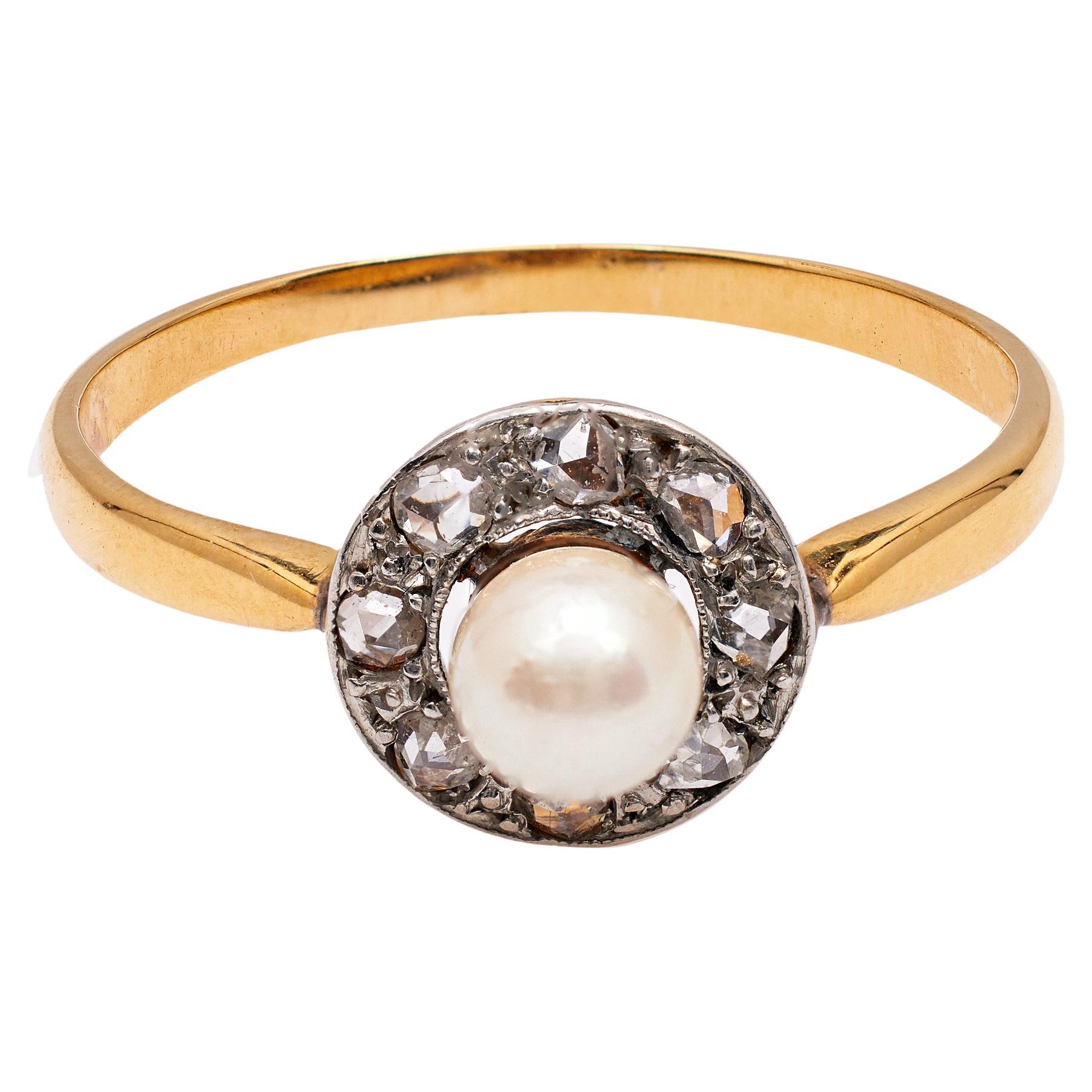 Belle Époque Französisch Perle Diamant 18k Gelbgold Platin Ring im Angebot