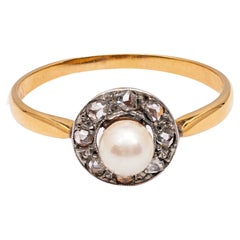 Belle Époque French Pearl Diamond 18k Yellow Gold Platinum Ring