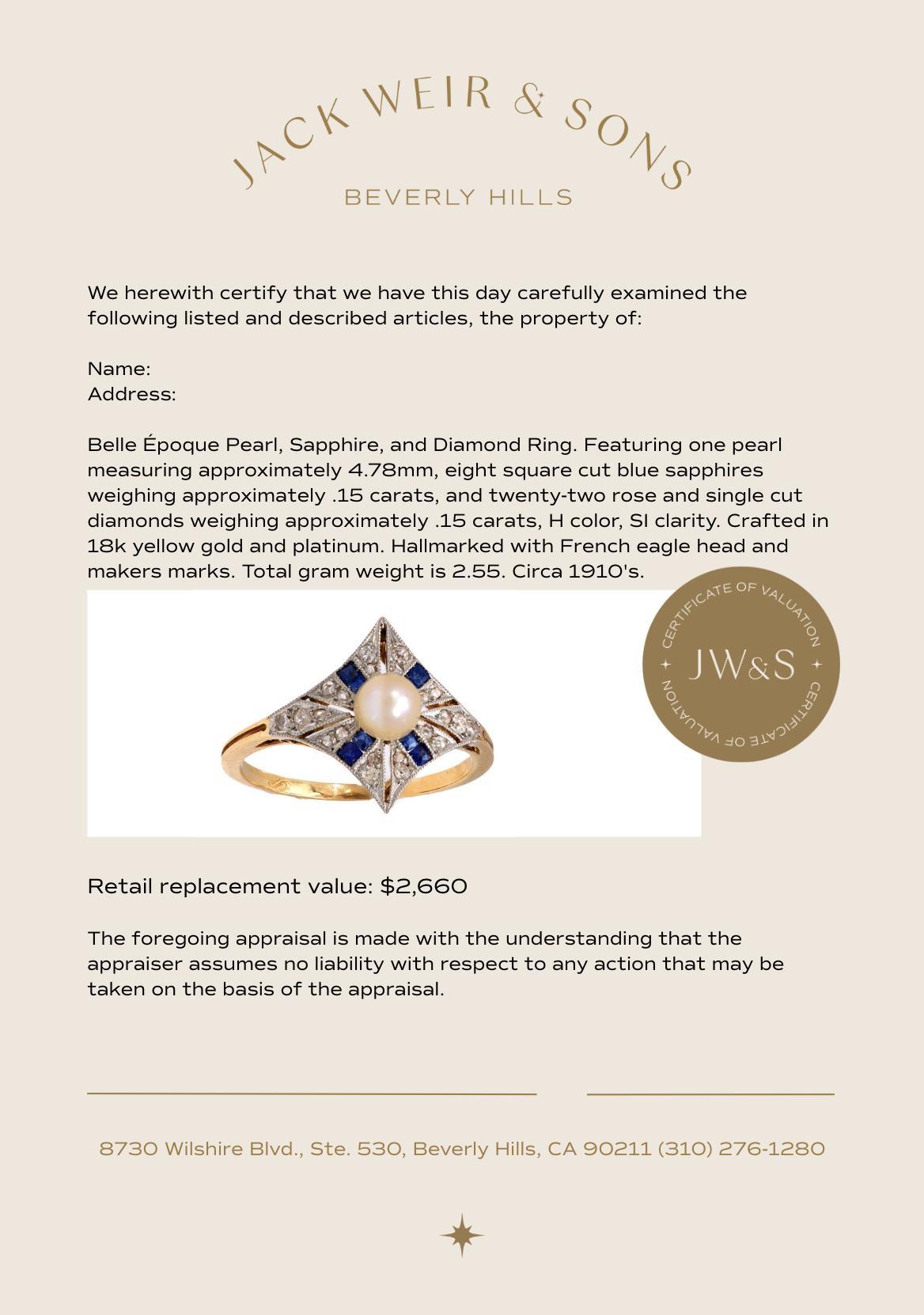 Belle Époque French pearl sapphire diamond 18k yellow gold ring For Sale 1