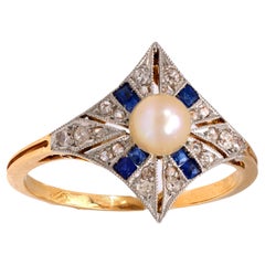 Belle Époque French pearl sapphire diamond 18k yellow gold ring