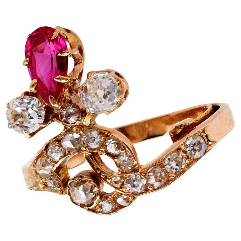 Women's or Men's Belle Époque French Ruby and Diamond 14k Rose Gold Tiara Ring