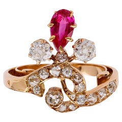 Antique Belle Époque French Ruby and Diamond 14k Rose Gold Tiara Ring