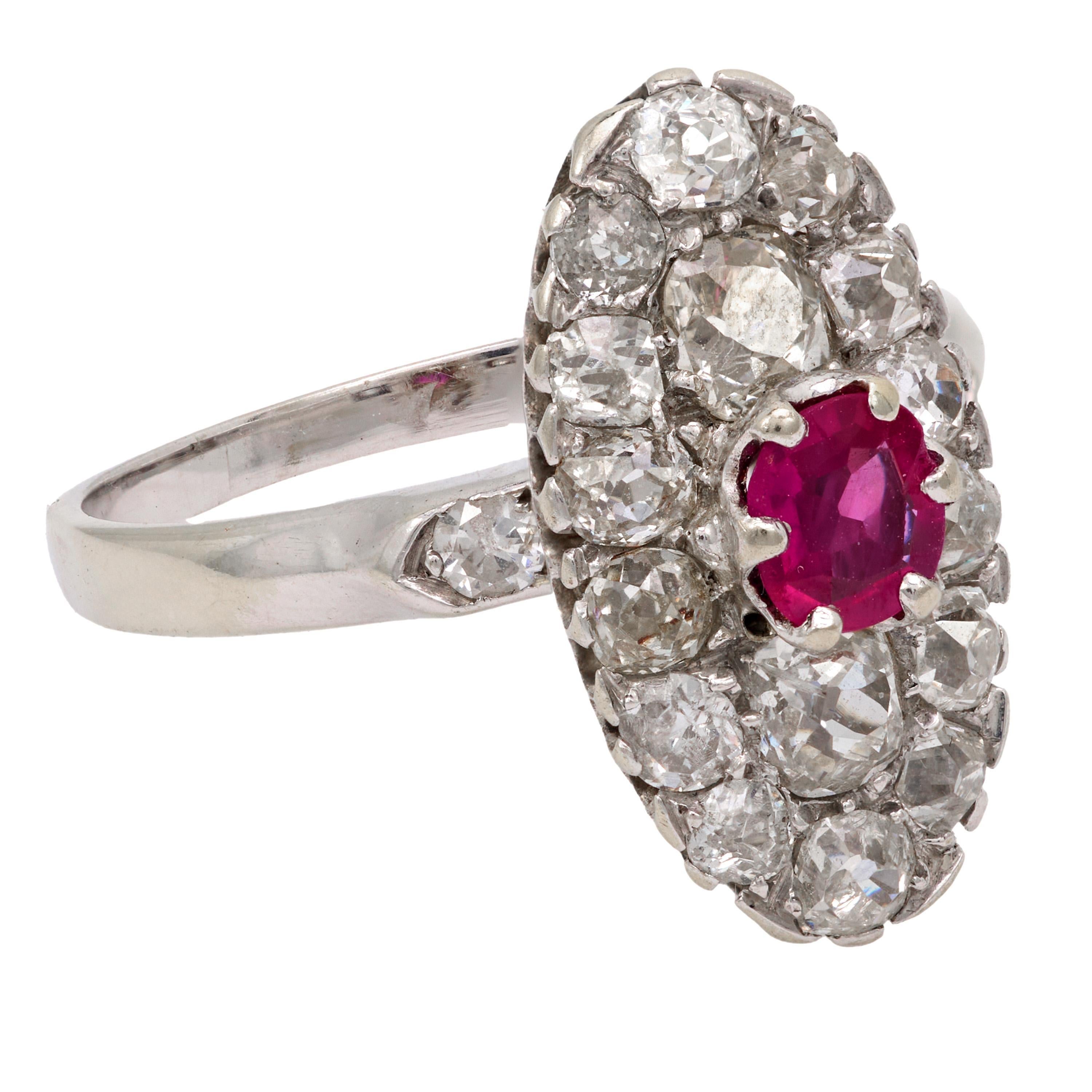 Belle Époque French ruby diamond 18k white gold navette ring (Ovalschliff) im Angebot