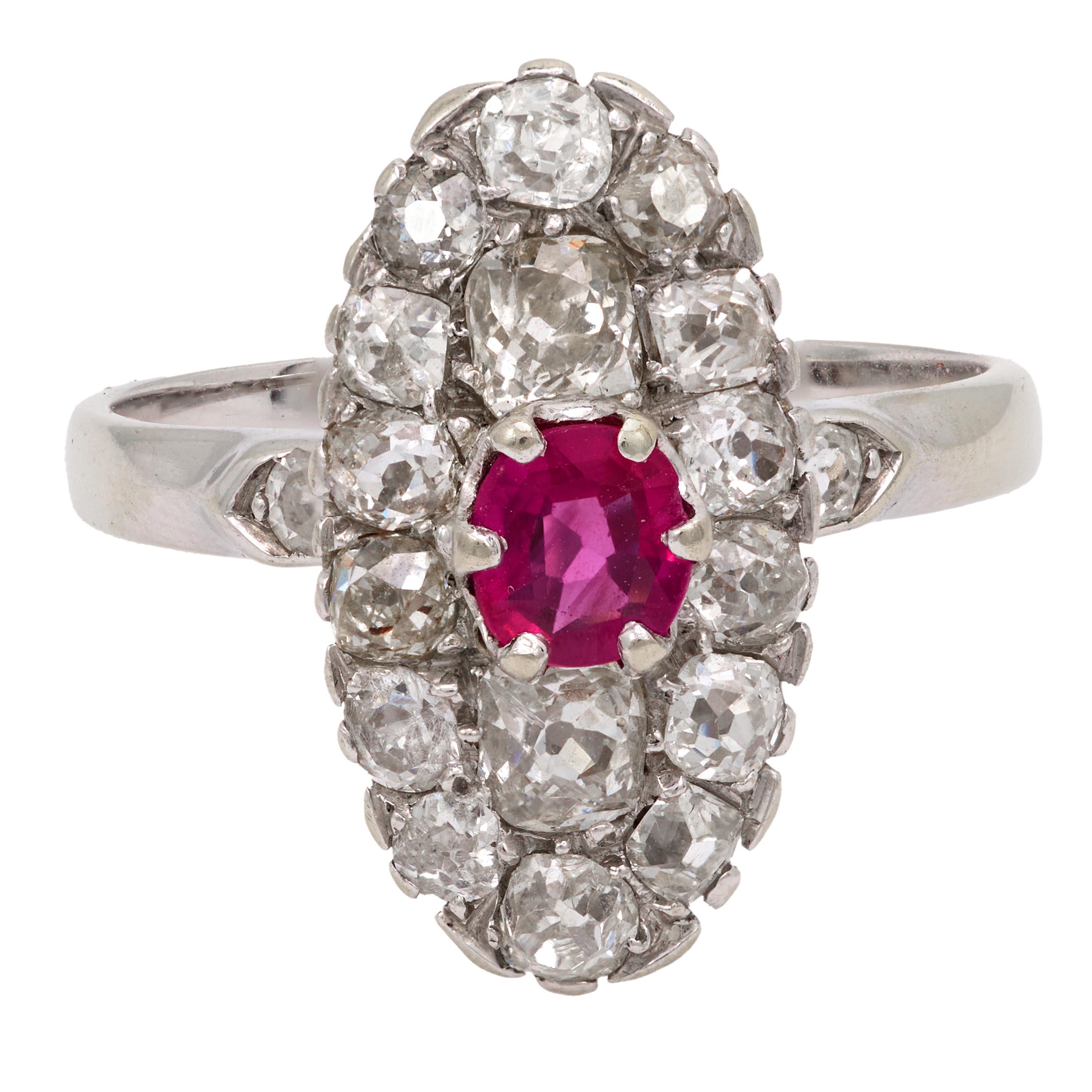 Belle Époque French ruby diamond 18k white gold navette ring Damen im Angebot