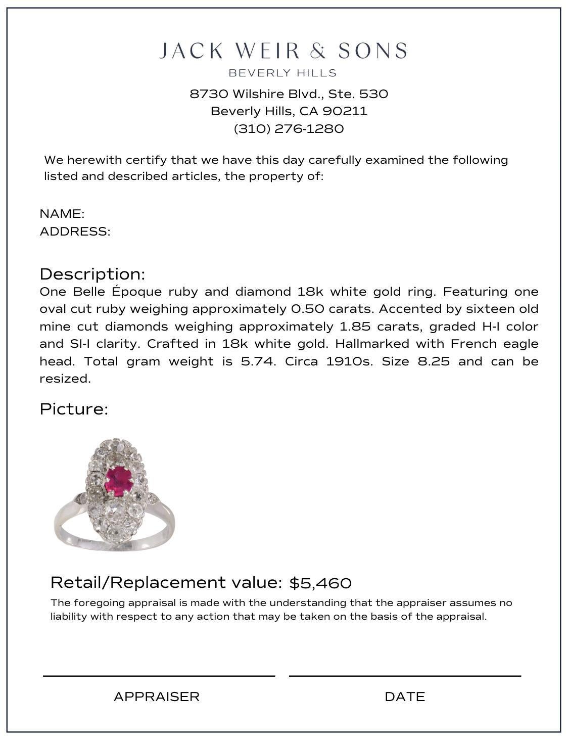 Belle Époque French ruby diamond 18k white gold navette ring im Angebot 1