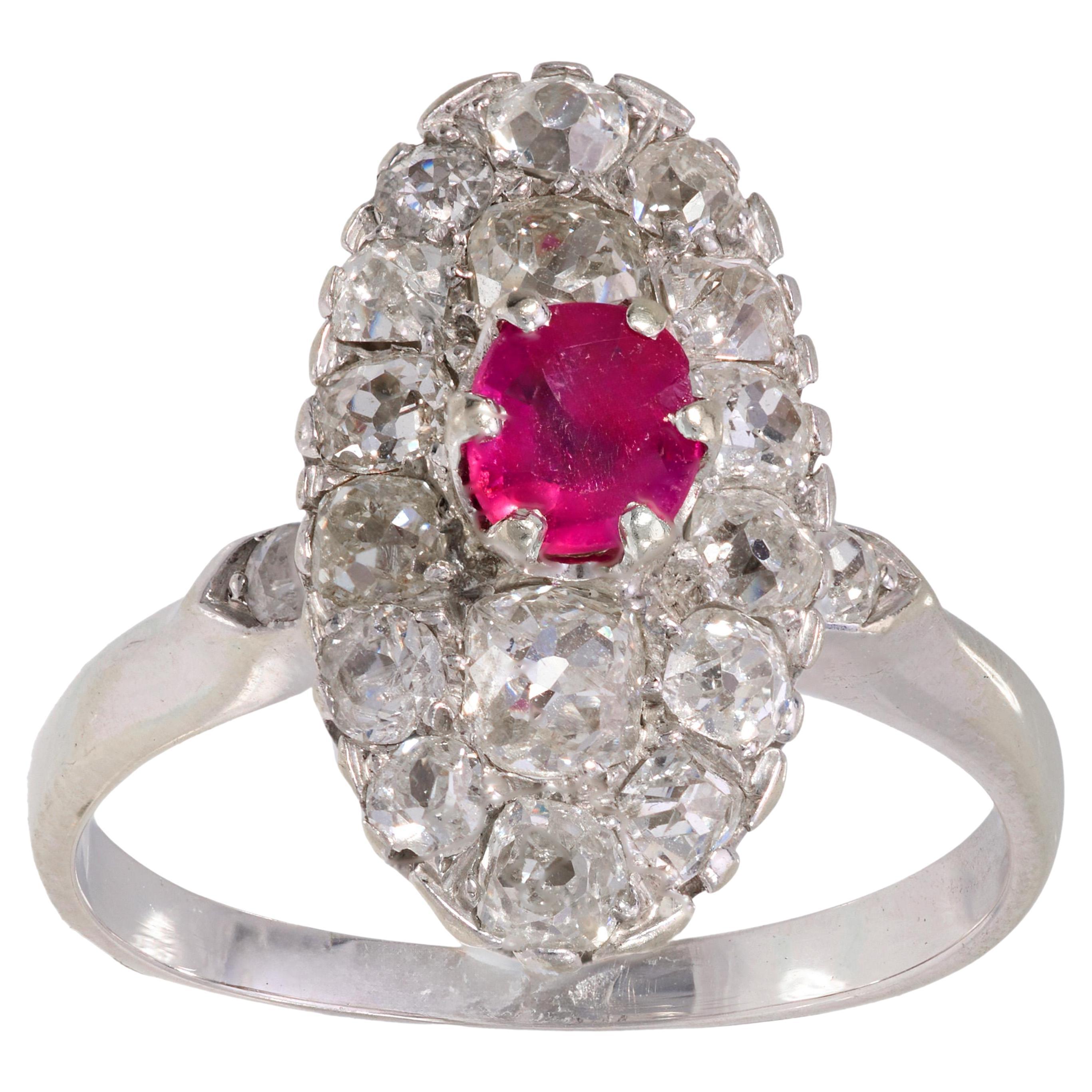 Belle Époque French ruby diamond 18k white gold navette ring