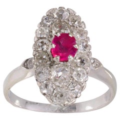 Belle Époque French ruby diamond 18k white gold navette ring