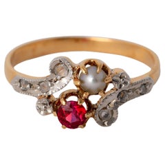 Antique Belle Époque French Ruby Pearl Diamond 18k Gold Platinum Bypass Ring