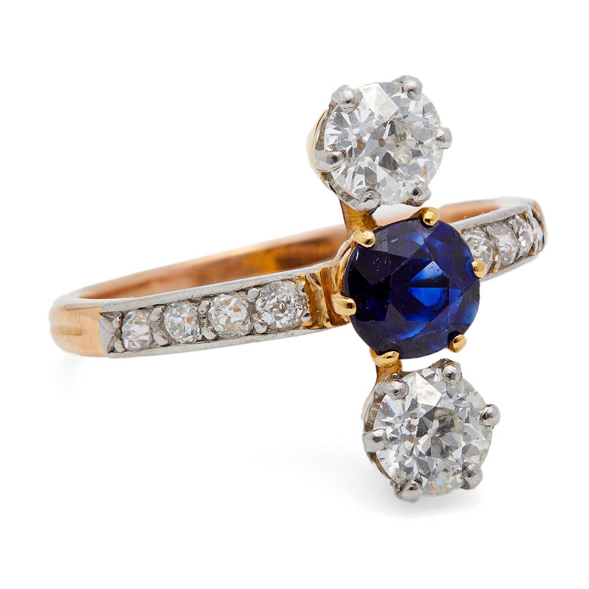 Women's or Men's Belle Époque French Sapphire and Diamond 18k and Platinum Ring