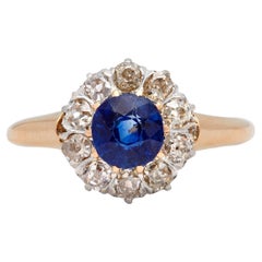 Belle Époque French Sapphire and Diamond 18k Yellow Gold Platinum Cluster Ring