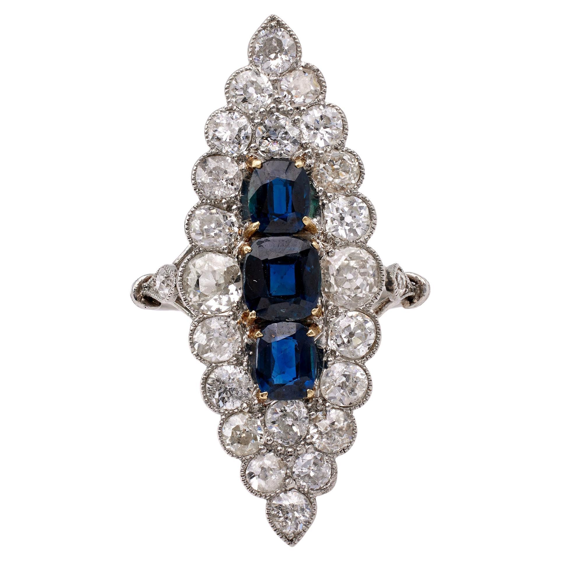 Belle Époque French Sapphire and Diamond Platinum Navette Ring