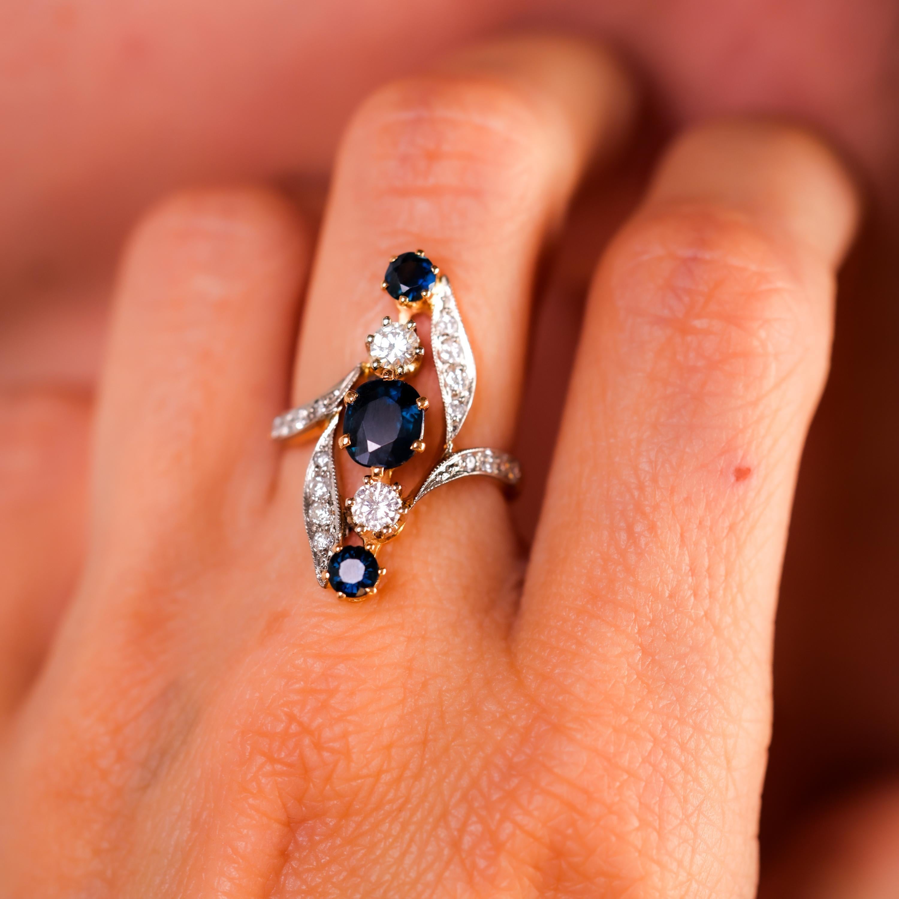 Brilliant Cut Belle Èpoque French Sapphire Diamond 18K Rose and White Gold Ring For Sale