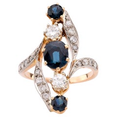 Anillo Belle Èpoque Francés Zafiro Diamante Oro Rosa y Blanco 18K