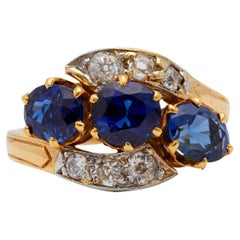 Belle Époque French Sapphire Diamond 18k Yellow Gold Platinum Bypass Ring