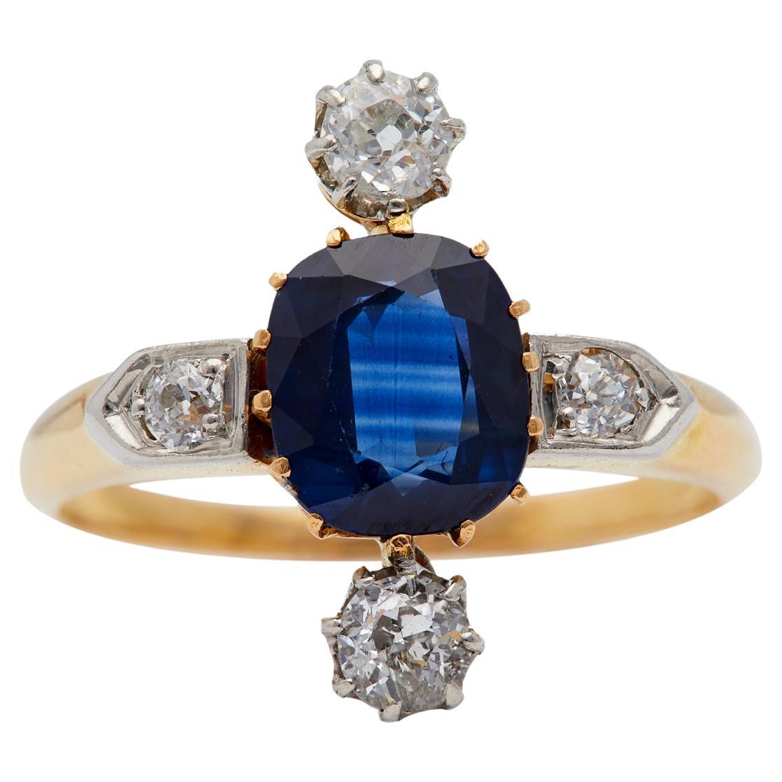 Belle Époque French Sapphire Diamond 18k Yellow Gold Platinum Ring