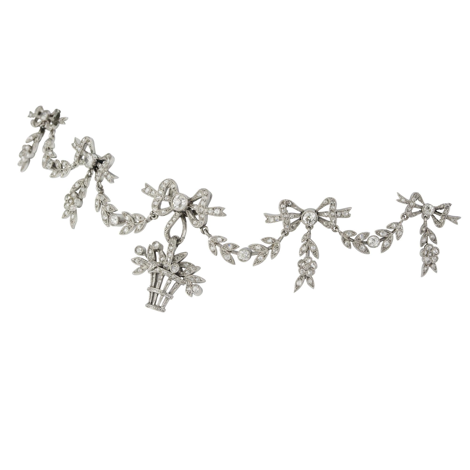Edwardian Belle Epoque Garland Style Diamond Gold Platinum Necklace 